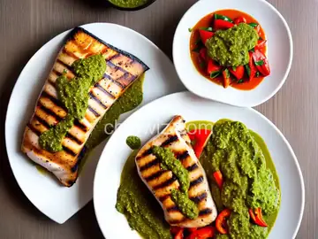Grilled Mahi Mahi with Roasted Pepper Sauce and Cilantro Pesto
