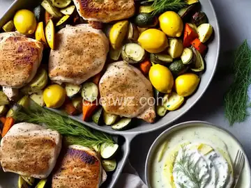 Lemon, Yogurt, and Dill Chicken Thighs with Roasted Veggies