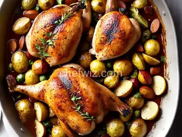 Pan-Roasted Chicken with Lemon-Garlic Brussels Sprouts and Potatoes