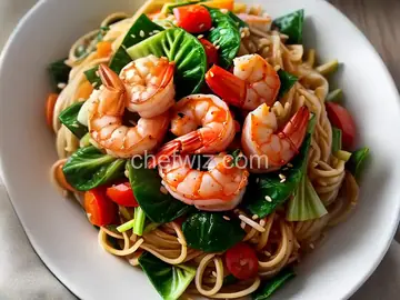 Shrimp Stir Fry with Bok Choy, Diced Tomatoes, and Rice Noodles