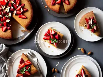 Almond Cake with Roasted Strawberries & Rhubarb on Top