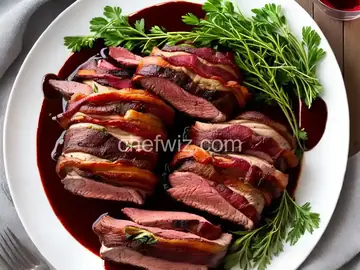 Bacon-Wrapped Leg of Lamb with Red Wine Reduction