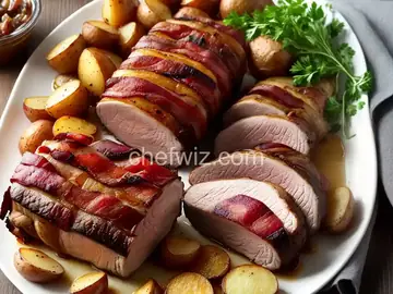 Bacon-Wrapped Pork Roast with Potatoes and Onions