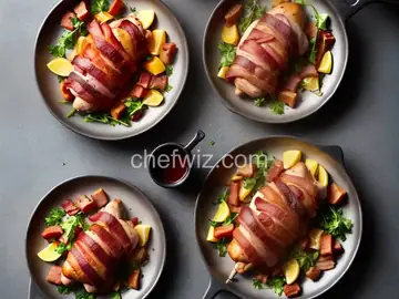 Bacon wrapped chicken stuffed with ham and cheese
