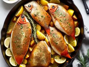 Baked Fish and Potatoes with Rosemary and Garlic