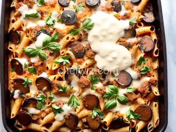 Baked Pasta with Sausage and Baby Portobello Mushroom White Sauce