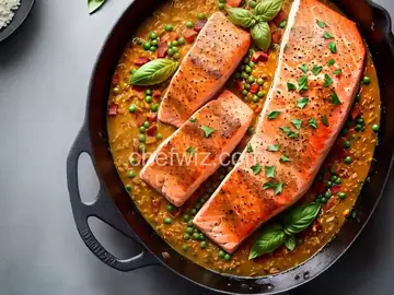 Baked Salmon with Lemony Orzo and Basil-Bacon Peas