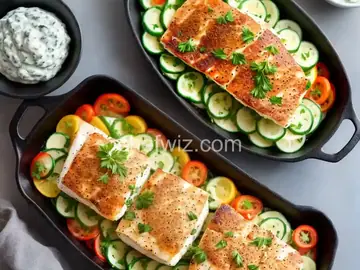 Baked Tzatziki Halibut with Smashed Potatoes