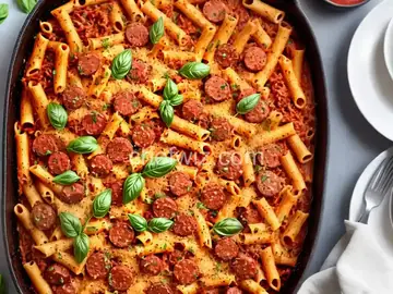 Baked Ziti with Spicy Pork and Sausage Ragu
