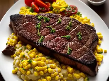 Beef Roast Steaks with Garlic Mashed Potatoes and Sweet Corn