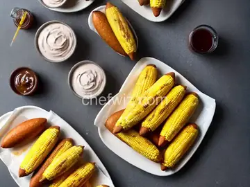 Breakfast Sausage Corn Dogs with Spiced Maple Syrup Dip