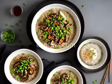 Brown Rice Congee With Beef, Shiitake, and Garlic Chips Recipe