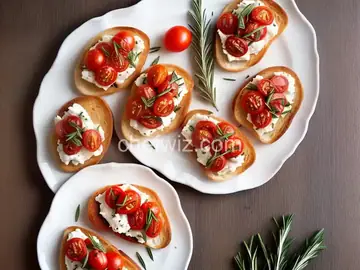 Bruschetta with Rosemary, Roasted Plum Tomatoes, Ricotta, and Prosciutto
