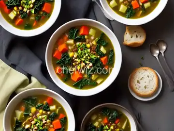 CSA Vegetable Soup with Kale, Chard, and Garlic Scapes