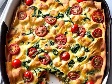Caramelized Onion, Spinach and Gruyere Strata with Sauteed Cherry Tomatoes