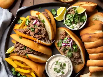Carnitas fritas con tostones garlic sauce and long bread...