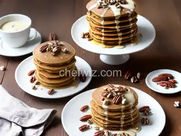 Carrot Cake Pancakes with Maple-Cream Cheese Drizzle and Toasted Pecans