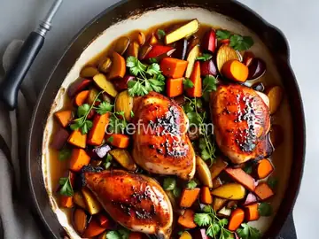 Cast Iron Honey-Sriracha Glazed Chicken with Roasted Root Vegetables