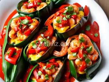 Cheese- and Shrimp-Stuffed Roasted Poblanos with Red Bell Pepper Sauce