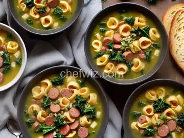Cheese Tortellini Soup with Cannellini, Kielbasa, and Kale