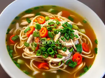 Chicken Soup With Rice Noodles and Scallion Crisp