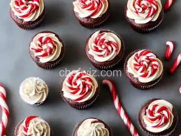 Chocolate-Candy Cane Cupcakes with Whipped Topping