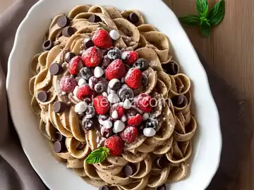 Chocolate Pasta with Chocolate Hazelnut Cream Sauce, White Chocolate Shavings and Fresh Berries