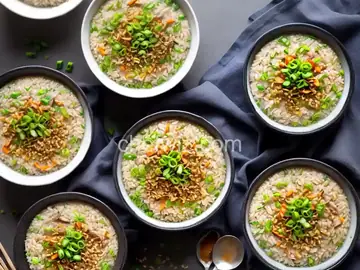 Congee (Rice Porridge) With Minced Pork and Crispy Shallots