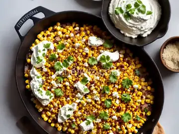 Corn with Roasted Chiles, Creme Fraiche, Cotija Cheese