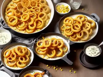 Creamed Corn Gratin with Fried Onion Rings and Bacon