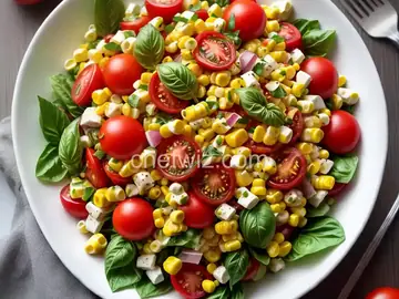 Creamy Cherry Tomato Salad with Fresh Basil, Corn and Onion