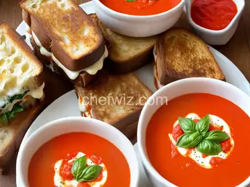 Creamy Tomato Basil Soup with Grilled Cheese Bites