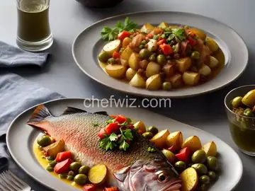 Crisp Red Snapper with Ragout of Potatoes, Onions, Artichokes, and Green Olives with Sauce Vierge