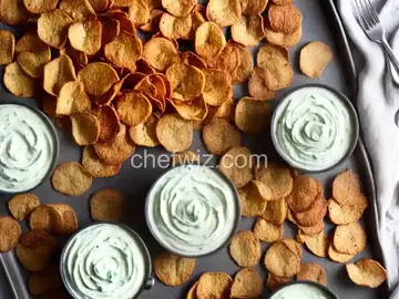 Crispy Apple Chips with Sage and Maple-Vanilla Yogurt Dip