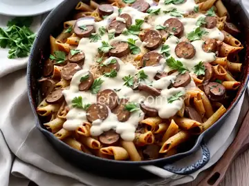 Crispy Baked Pasta With Mushrooms, Sausage, and Parmesan Cream Sauce Recipe