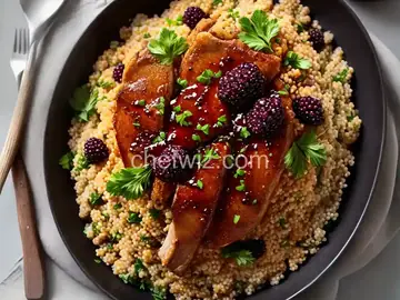 Crispy Duck with Blackberry Gastrique, Roasted Pearl Onions, and Israeli Cous-Cous Recipe