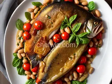 Crispy Roasted Branzini with Burst Tomatoes and Butter Beans