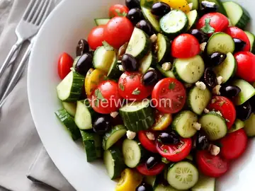 Cucumber Tomato Salad with Zucchini and Black Olives in Lemon Balsamic Vinaigrette
