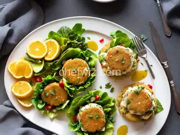 Deviled Crab Cakes on Mixed Greens with Ginger-Citrus Vinaigrette