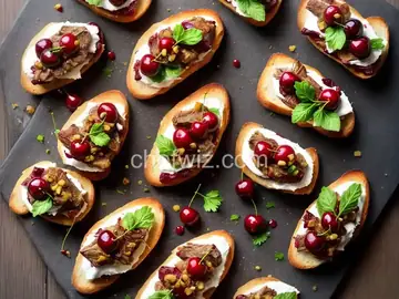 Duck Confit Crostini with Pickled Cherries and Duck Cracklings