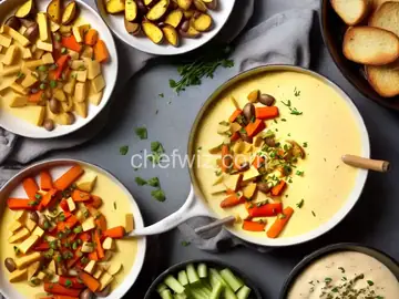 Easy Cheesy Fondue with Fingerling Potatoes, French Bread and Select Vegetables