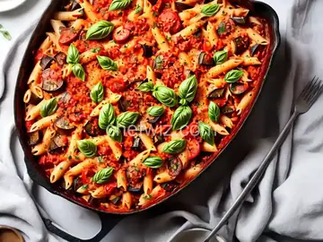 Eggplant, Tomato and Mozzarella Pasta Bake