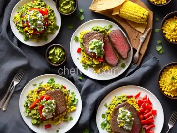 Filet Mignon with Bell Pepper Haystack and Fresh Guacamole Served with Corn Chips