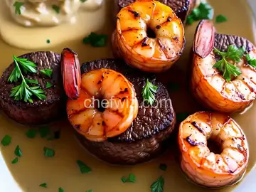 Filet Mignon with Garlic Shrimp Cream Sauce