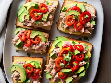 Fully Loaded Tuna Melt With Bacon, Pickled Peppers, Avocado, and Tomato Recipe