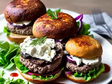 Goat Cheeseâ€“Stuffed Lamb Burgers with Caramelized Red Onions