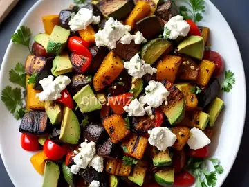 Great Grilled Smoky Vegetables with Avocado and Goat Cheese Crumbles