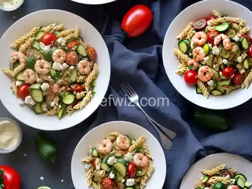 Greek Pasta Salad with Shrimp, Tomatoes, Zucchini, Peppers, and Feta