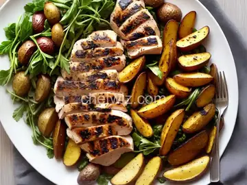 Grilled Chicken with Roasted Garlic-Oregano Vinaigrette and Grilled Fingerling Potatoes