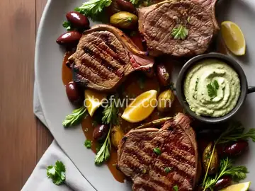 Grilled Lamb Chops with Artichoke Puree, Crispy Baby Artichokes and Cerignola Olive